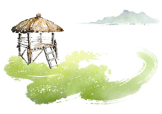 PSD 전통 일러스트 캘리그라피 사다리 붓터치 산 초원 사람없음 초록색 정자 국내일러스트 건축물 컬러 도구 파일형식