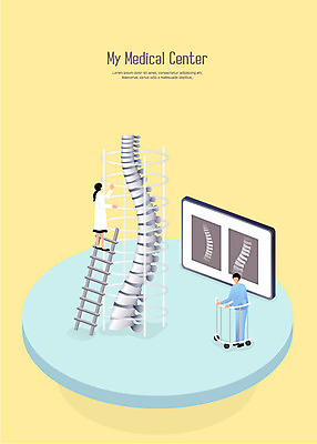 전신 여자 남자 일러스트 의학 병원 사람 성인 두명 노란색 모니터 진료 환자 의사 척추 검사_조사 재활 재활운동 정형외과 성인만 국내일러스트 AI파일 컬러 뼈 치료 컴퓨터 운동 의료진 파일형식 벡터
