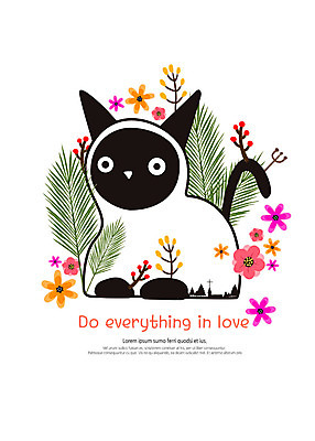 PSD 나무 한마리 꽃 일러스트 나뭇잎 수채화 따뜻함 사랑 사람없음 컬러풀 귀여움 고양이 감성 국내일러스트 식물 1 감정 컬러 컨셉 잎 포유류 반려동물 파일형식