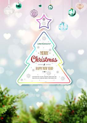 PSD 편집이미지 포스터 별 크리스마스 겨울 이벤트 사람없음 초록색 크리스마스트리 파티 장식볼 눈송이 보케 오너먼트 이미지편집 자연요소 계절 기념일 컬러 크리스마스장식 눈_날씨 장식 파일형식
