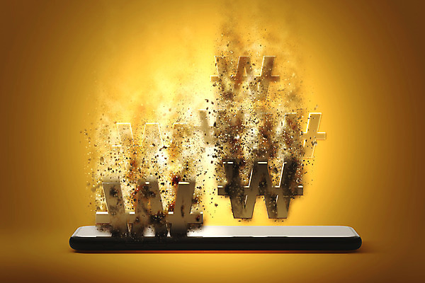 PSD 편집이미지 비즈니스 정보기술 사람없음 스마트폰 노란색 3D 원화 파편 스마트 디지털합성 연소 금융거래 모바일뱅킹 스마트뱅킹 목업 핀테크 편집3D 컬러 컨셉 돈 모바일 기술 금융 핸드폰 스마트기기 뱅킹 파일형식