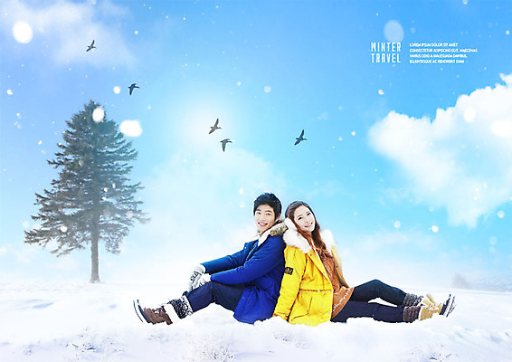 전신 PSD 나무 구름 편집이미지 커플 여자 남자 여행 겨울 조류 하늘 미소 사람 앉기 20대 성인 두명 옆모습 파란색 설원 낭만 한국인 추위 등맞대기 겨울여행 성인만 이미지편집 자연요소 식물 동물 계절 뷰포인트 컬러 컨셉 관계 모션 눈_날씨 표정 동양인 청년 파일형식