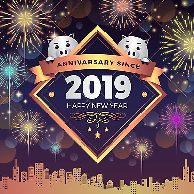 전통 리본 백그라운드 두마리 일러스트 새해 불꽃놀이 빌딩 사람없음 빛 전통문양 보라색 축제 금색 도시 돼지 화려 해피뉴이어 2019년 기해년 국내일러스트 AI파일 돼지의해 문양 컬러 컨셉 2 포유류 놀이 건물 새해인사 돼지띠 연도 파일형식 벡터