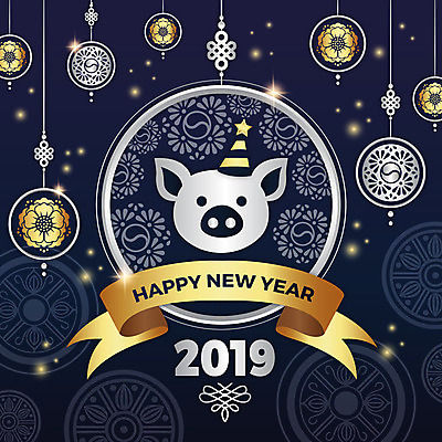 전통 꽃 리본 얼굴 백그라운드 일러스트 새해 사람없음 장식 전통문양 축제 고깔모자 금색 돼지 화려 남색 해피뉴이어 2019년 기해년 국내일러스트 AI파일 돼지의해 식물 모자_잡화 문양 컬러 컨셉 포유류 신체부위 새해인사 돼지띠 연도 파일형식 벡터