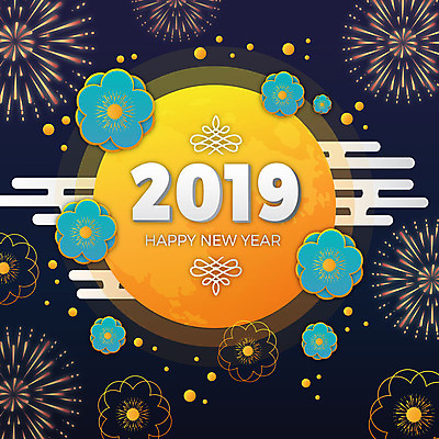 전통 꽃 백그라운드 일러스트 불꽃 새해 사람없음 전통문양 축제 달 화려 남색 해피뉴이어 2019년 기해년 국내일러스트 AI파일 돼지의해 자연요소 식물 문양 컬러 컨셉 불 새해인사 돼지띠 연도 파일형식 벡터