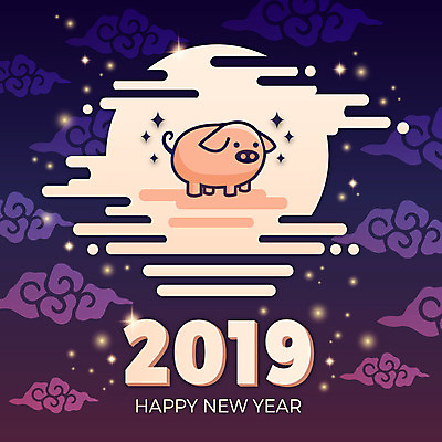 한마리 전통 백그라운드 일러스트 새해 사람없음 전통문양 축제 달 돼지 화려 해피뉴이어 2019년 기해년 국내일러스트 AI파일 돼지의해 자연요소 1 문양 컨셉 포유류 새해인사 돼지띠 연도 파일형식 벡터