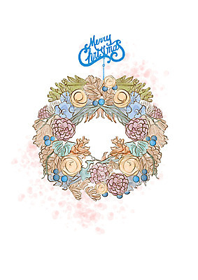 PSD 꽃 크리스마스장식 크리스마스 일러스트 붓터치 나뭇잎 수채화 사람없음 장식 파란색 솔방울 크리스마스리스 국내일러스트 식물 기념일 컬러 잎 화환 파일형식