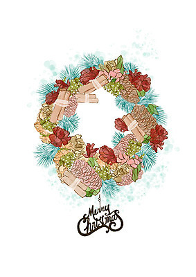 PSD 크리스마스장식 크리스마스 일러스트 붓터치 수채화 사람없음 장식 컬러풀 솔방울 크리스마스리스 국내일러스트 기념일 컬러 화환 파일형식