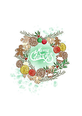 PSD 크리스마스장식 크리스마스 일러스트 붓터치 수채화 사람없음 장식 초록색 장식볼 솔방울 진저쿠키 크리스마스리스 국내일러스트 기념일 컬러 쿠키 화환 파일형식