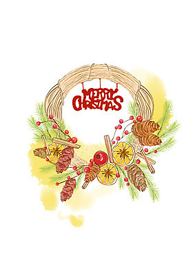 PSD 열매 크리스마스 일러스트 붓터치 수채화 사람없음 노란색 솔방울 크리스마스리스 국내일러스트 식물 기념일 컬러 화환 파일형식