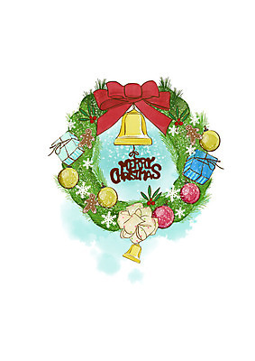 PSD 리본 크리스마스 일러스트 붓터치 수채화 사람없음 초록색 선물상자 장식볼 크리스마스종 크리스마스리스 국내일러스트 기념일 컬러 선물 장식 상자 화환 종 파일형식