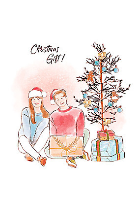 전신 PSD 커플 여자 남자 크리스마스 일러스트 산타모자 따뜻함 선물 미소 사람 앉기 성인 두명 빨간색 파란색 선물상자 크리스마스트리 성인만 국내일러스트 모자_잡화 기념일 컬러 관계 모션 표정 상자 파일형식