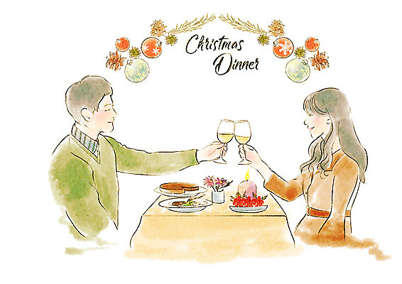 PSD 커플 여자 남자 크리스마스 일러스트 미소 사람 성인 두명 초록색 와인 주황색 저녁식사 로맨틱 장식볼 건배 마주앉기 크리스마스디너 성인만 오너먼트 국내일러스트 기념일 컬러 컨셉 크리스마스장식 관계 주류 표정 앉기 장식 식사 파일형식
