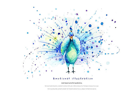 PSD 동물 한마리 일러스트 조류 붓터치 수채화 따뜻함 사람없음 파란색 펼침 화려 공작 번짐 깃 감성 국내일러스트 1 컬러 컨셉 모션 파일형식 효과
