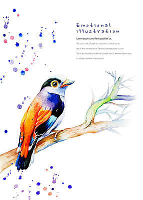 PSD 동물 한마리 일러스트 조류 붓터치 수채화 따뜻함 앉기 사람없음 컬러풀 귀여움 나뭇가지 번짐 감성 딱새 국내일러스트 나무 1 컬러 컨셉 모션 파일형식 효과