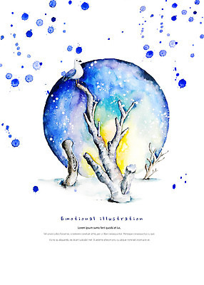 PSD 나무 동물 한마리 일러스트 갈매기 조류 붓터치 수채화 따뜻함 앉기 사람없음 파란색 귀여움 원형 번짐 감성 국내일러스트 도형 식물 1 컬러 컨셉 모션 파일형식 효과