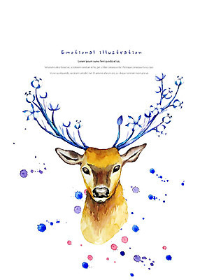 PSD 나무 동물 한마리 일러스트 포유류 붓터치 사슴 수채화 뿔 따뜻함 사람없음 파란색 갈색 귀여움 번짐 감성 목화꽃 국내일러스트 식물 1 꽃 컬러 컨셉 파일형식 효과