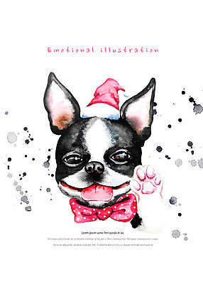 PSD 동물 모자 한마리 리본 분홍색 일러스트 산타모자 붓터치 수채화 따뜻함 미소 사람없음 귀여움 개 번짐 감성 개발바닥 보스턴테리어 국내일러스트 모자_잡화 1 잡화 컬러 컨셉 크리스마스 포유류 표정 테리어 발바닥 파일형식 효과