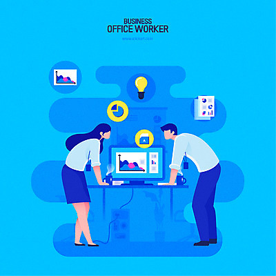전신 여자 남자 일러스트 회사 비즈니스 전구 회의 그래프 사람 성인 두명 파란색 컴퓨터 사무실 마주보기 직장인 비즈니스맨 비즈니스우먼 문서 얼굴없음 성인만 국내일러스트 AI파일 직업 컬러 모션 전자제품 파일형식 벡터