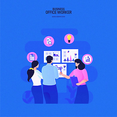 응시 여자 남자 일러스트 회사 비즈니스 전구 회의 그래프 서기 사람 상반신 성인 세명 파란색 사무실 비즈니스맨 비즈니스우먼 발표 프레젠테이션 문서 얼굴없음 성인만 국내일러스트 AI파일 시선 컬러 모션 직장인 파일형식 벡터