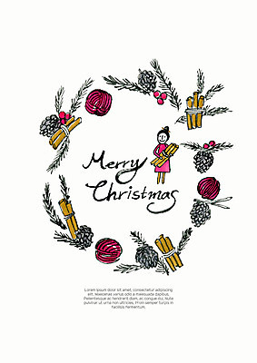 PSD 여자 분홍색 크리스마스 일러스트 나뭇잎 수채화 크리스마스카드 한명 장식 나뭇가지 털실 솔방울 솔잎 크리스마스리스 국내일러스트 나무 1 기념일 컬러 잎 카드_감사 사람 화환 실 파일형식