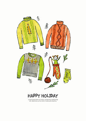 PSD 옷 행복 인형 크리스마스 겨울 일러스트 나뭇잎 수채화 사람없음 뜨개질 털실 포근함 스웨터 니트 털장갑 겨울옷 손모아장갑 국내일러스트 계절 기념일 감정 장갑 상의 잎 취미 감각 실 파일형식