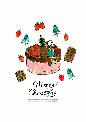 PSD 나무 여자 크리스마스 일러스트 딸기 디저트 수채화 한명 장식 빨간색 크리스마스트리 케이크 초콜릿 초코케이크 딸기케이크 국내일러스트 식물 1 기념일 음식 컬러 과일 사람 파일형식