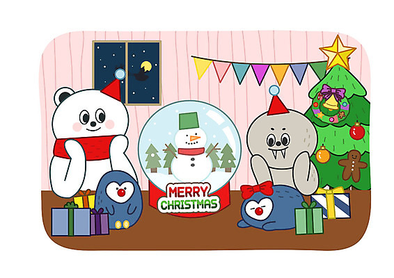 캐릭터 응시 동물캐릭터 크리스마스 겨울 일러스트 창문 눈사람 따뜻함 선물 미소 사람없음 선물상자 크리스마스트리 턱괴기 물개 펭귄 북극곰 스노글로브 가랜드 국내일러스트 일러캐릭터 AI파일 동물 시선 계절 기념일 곰 포유류 모션 조류 표정 장식 상자 바다동물 파티용품 파일형식 벡터