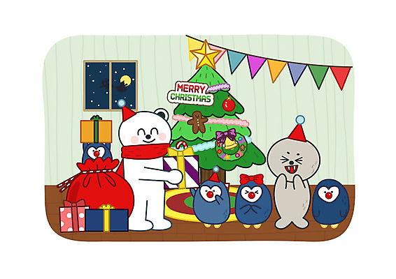 캐릭터 동물캐릭터 크리스마스 겨울 일러스트 창문 따뜻함 선물 사람없음 장식 선물상자 크리스마스트리 기쁨 물개 즐거움 보따리 주기 펭귄 북극곰 가랜드 국내일러스트 일러캐릭터 AI파일 동물 계절 기념일 감정 곰 포유류 모션 조류 상자 바다동물 파티용품 파일형식 벡터