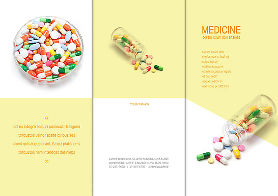 템플릿 표지디자인 북디자인 출판디자인 표지 리플렛 북커버 3단접지 의학 병원 팜플렛 사람없음 알약 약 노란색 약병 이미지템플릿 AI파일 컬러 병_담는 파일형식 벡터