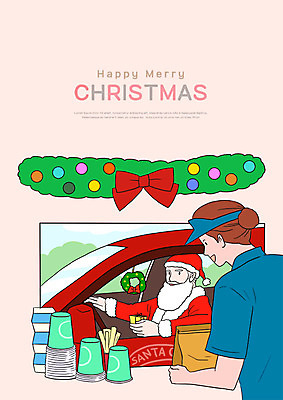 PSD 여자 노년 남자 리본 크리스마스 일러스트 자동차 선물 미소 사람 상반신 성인 두명 산타클로스 운전 종이컵 배고픔 즐거움 주기 전달 테이크아웃 주문 패스트푸드점 크리스마스리스 국내일러스트 기념일 감정 육상교통 모션 표정 컵 상점 화환 일회용 파일형식