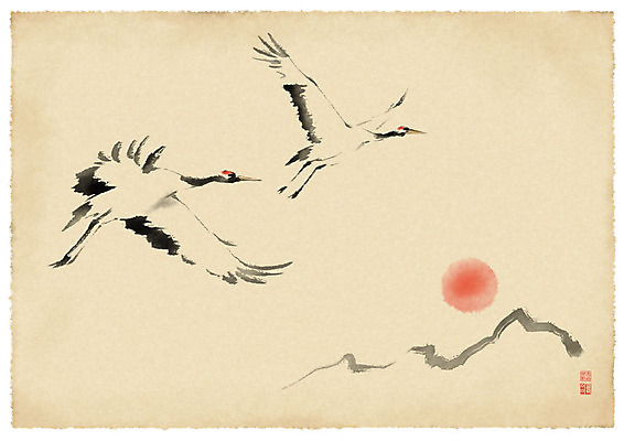 PSD 두마리 일러스트 붓터치 근하신년 새해 산 수묵화 사람없음 태양 학 비행 연하장 한지배경 국내일러스트 자연요소 백그라운드 2 조류 카드_감사 미술 파일형식