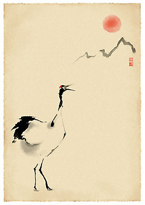 PSD 일러스트 붓터치 근하신년 새해 산 수묵화 사람없음 태양 일출 학 울음 연하장 한지배경 국내일러스트 자연요소 백그라운드 조류 카드_감사 표정 미술 노을 파일형식