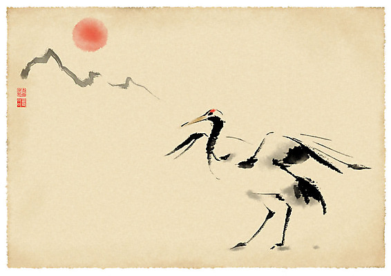 PSD 일러스트 붓터치 근하신년 새해 산 수묵화 사람없음 태양 학 연하장 한지배경 국내일러스트 자연요소 백그라운드 조류 카드_감사 미술 파일형식