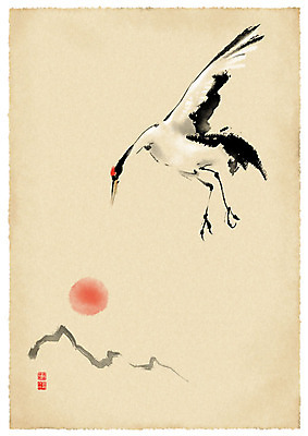 PSD 한마리 일러스트 붓터치 근하신년 새해 산 수묵화 사람없음 태양 학 비행 연하장 한지배경 국내일러스트 자연요소 1 백그라운드 조류 카드_감사 미술 파일형식