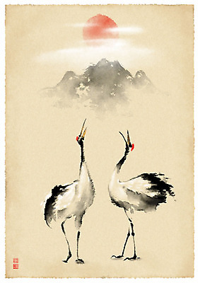 PSD 두마리 일러스트 붓터치 근하신년 새해 산 수묵화 사람없음 태양 일출 학 울음 연하장 한지배경 국내일러스트 자연요소 백그라운드 2 조류 카드_감사 표정 미술 노을 파일형식