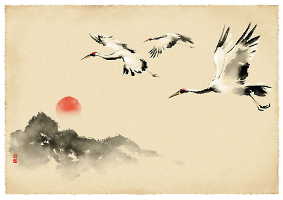 PSD 두마리 일러스트 붓터치 근하신년 새해 산 수묵화 사람없음 태양 학 비행 연하장 한지배경 국내일러스트 자연요소 백그라운드 2 조류 카드_감사 미술 파일형식