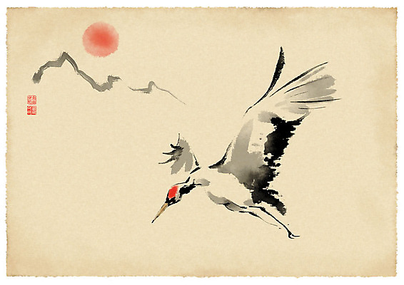 PSD 한마리 일러스트 붓터치 근하신년 새해 산 수묵화 사람없음 태양 학 비행 연하장 한지배경 국내일러스트 자연요소 1 백그라운드 조류 카드_감사 미술 파일형식