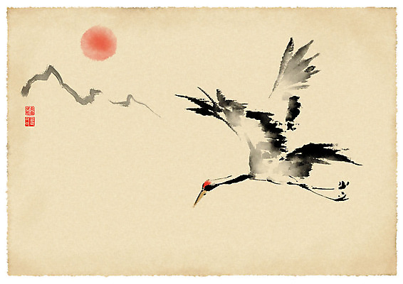 PSD 한마리 일러스트 붓터치 근하신년 새해 산 수묵화 사람없음 태양 학 비행 연하장 한지배경 국내일러스트 자연요소 1 백그라운드 조류 카드_감사 미술 파일형식