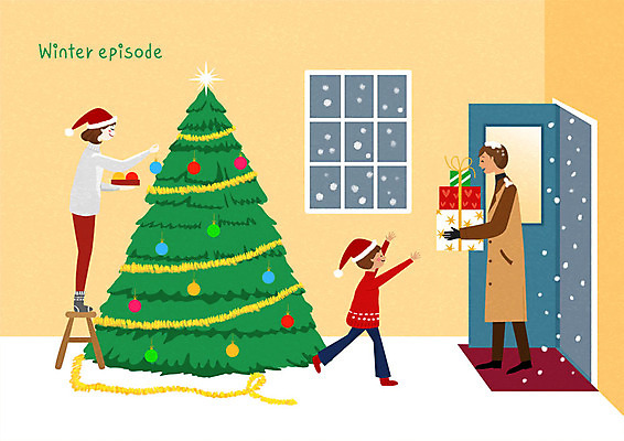 전신 PSD 여자 남자 행복 어린이 크리스마스 겨울 일러스트 가족 선물 사람 성인 세명 선물상자 크리스마스트리 노란색 눈 즐거움 꾸미기 반가움 오너먼트 국내일러스트 자연요소 계절 기념일 감정 컬러 크리스마스장식 관계 날씨 상자 파일형식