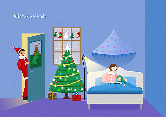 전신 PSD 여자 남자 행복 어린이 크리스마스 겨울 일러스트 가족 산타옷 선물 사람 상반신 성인 장식 세명 파란색 눕기 독서 크리스마스트리 산타클로스 침실 침대 잠 즐거움 국내일러스트 옷 계절 기념일 감정 컬러 가구 관계 모션 파일형식