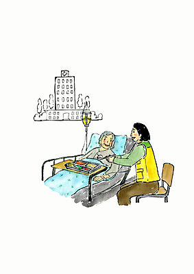 PSD 여자 노년 일러스트 병원 사람 앉기 상반신 성인 두명 식사 환자 침대 봉사 자원봉사자 먹여주기 간호 사회복지 연말연시 요양원 나눔 간병인 독거노인 연말 국내일러스트 직업 가구 의학 모션 도움 먹기 복지 파일형식