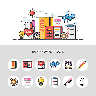 아이콘 행복 커피 전구 사람없음 세트 연필 다이어리 공책 자명종 달력 일기 편지 클립 해피뉴이어 풍선 형광펜 2019년 버킷리스트 2D아이콘 AI파일 감정 음료 시계 문구용품 학용품 필기구 펜 사무용품 알람 새해인사 연도 리스트 파일형식 벡터
