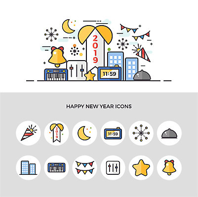 아이콘 행복 별 악기 음식 폭죽 사람없음 건물 세트 축제 소리 자명종 종 달 건반 피아노 해피뉴이어 가랜드 2019년 2D아이콘 AI파일 자연요소 건축물 감정 음악 시계 알람 새해인사 건반악기 연도 파티용품 파일형식 벡터