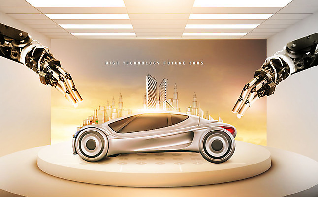 PSD 편집이미지 자동차 미래 빌딩 사람없음 건물 노란색 디지털 스마트 로봇 단상 로봇팔 홀로그램 4차산업 미래산업 이미지편집 건축물 산업 육상교통 컬러 컨셉 파일형식