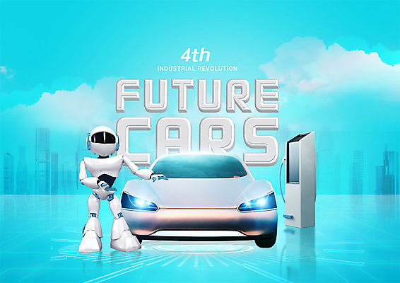 PSD 편집이미지 하늘색 자동차 미래 빌딩 사람없음 건물 디지털 스마트 로봇 주유기 주유 홀로그램 4차산업 미래산업 이미지편집 건축물 산업 육상교통 컨셉 파란색 기계 파일형식