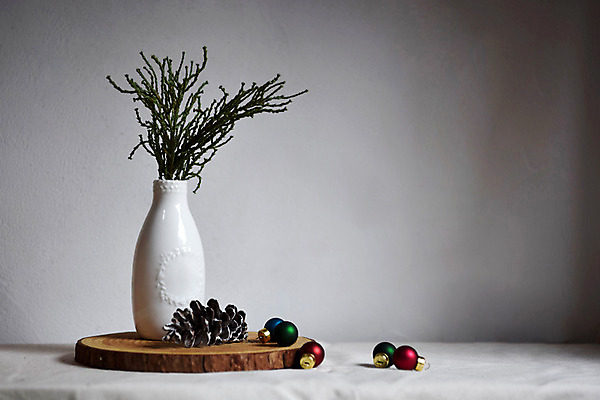 포토 디자인 기념일 꽃 컨셉 크리스마스 전구 쟁반 실내 내부 목재 인테리어 용품 파일형식 플랜테리어 꽃병 식물 솔방울 꼬마전구 나무쟁반 JPG 크리스마스용품 사람없음 스튜디오촬영 감성 국내포토