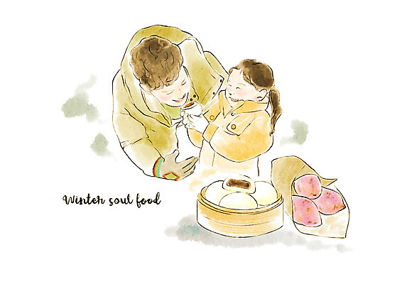 PSD 여자 남자 딸 어린이 겨울 일러스트 수채화 사람 상반신 성인 두명 노란색 아빠 먹기 겨울음식 힐링 겨울간식 군고구마 호빵 부녀 제철음식 국내일러스트 계절 음식 빵 컬러 가족 모션 디저트 구이 제철 파일형식