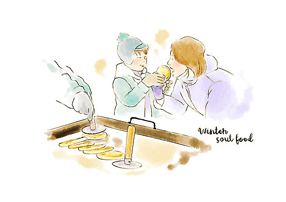 PSD 여자 남자 아들 어린이 겨울 일러스트 엄마 수채화 털모자 사람 상반신 성인 두명 겨울음식 힐링 겨울간식 길거리음식 호떡 제철음식 국내일러스트 모자관계 모자_잡화 계절 음식 가족 디저트 제철 파일형식