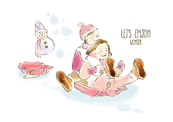 전신 PSD 여자 남자 행복 어린이 분홍색 겨울 일러스트 눈사람 놀이 수채화 남매 사람 두명 즐거움 썰매 국내일러스트 계절 감정 컬러 가족 파일형식